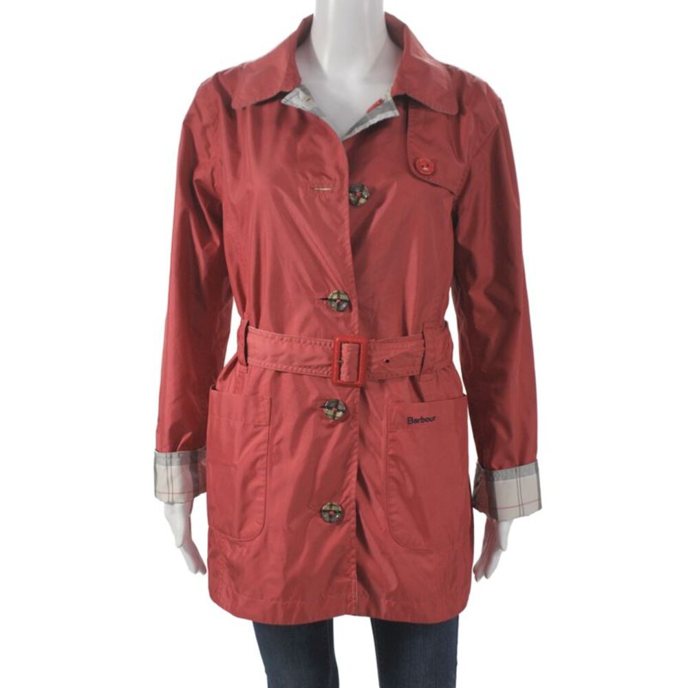 Barbour Womens Rain Coat Red Plaid Button Polyester Long Sleeve Size 10